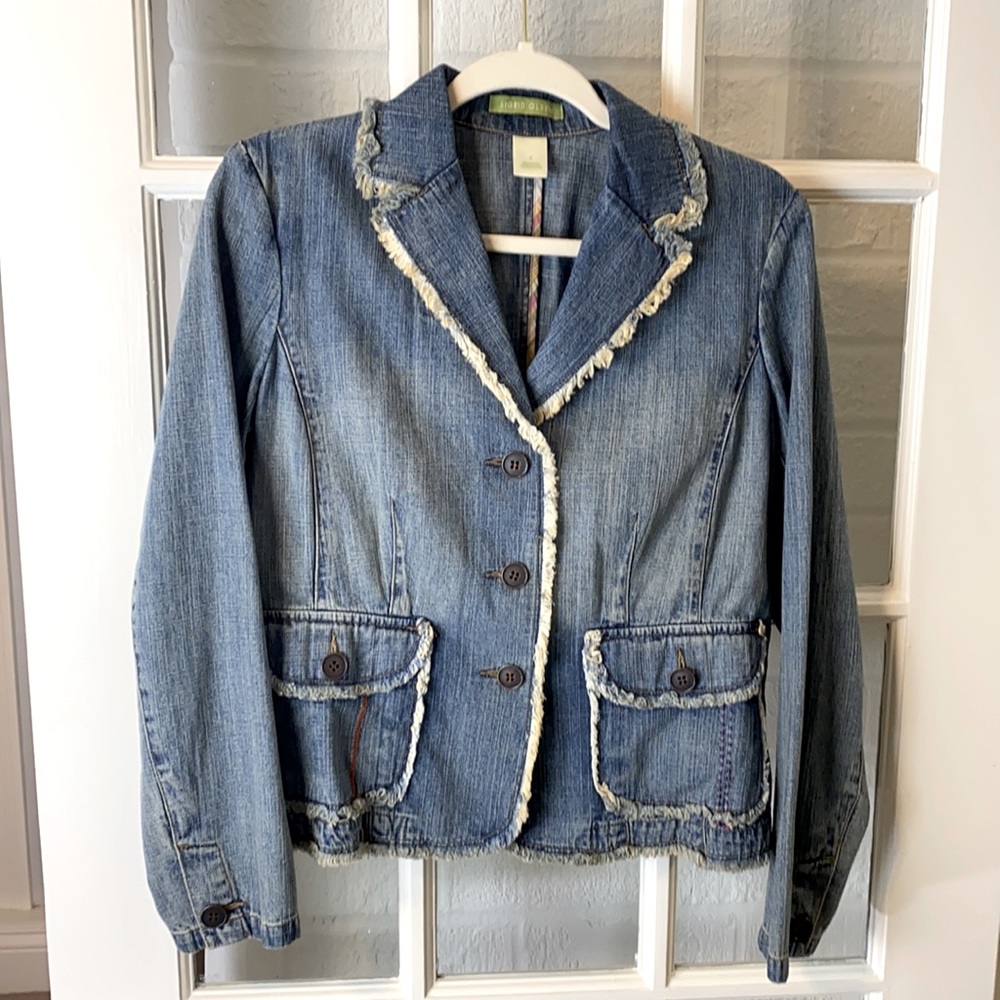 Sigrid Olsen Designer Denim Blazer Style Jacket with Tan Fringe Trim.